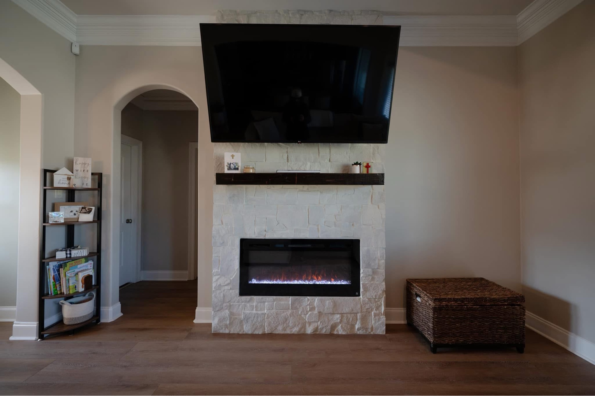 Fireplace after — stacked stone floor to ceiling