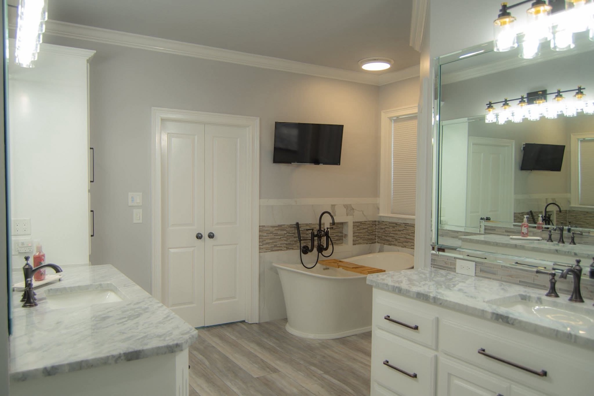 Double vanity with marble countertop